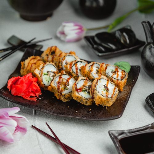fried sushi with ginger and wasabi